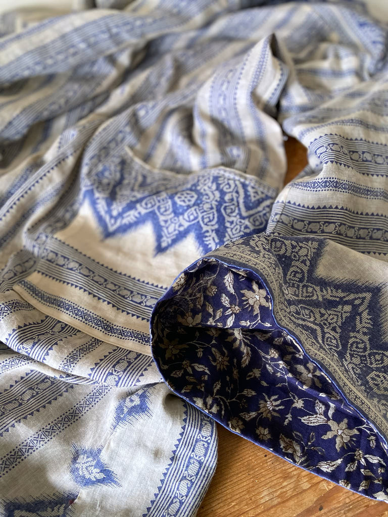 Faded indigo hand block printed fine cotton kaftan dress. Deep V neck, patch pockets, fully reversible. Bohemian style sustainably created from antique and vintage textiles by the Pavilion Parade studioi.