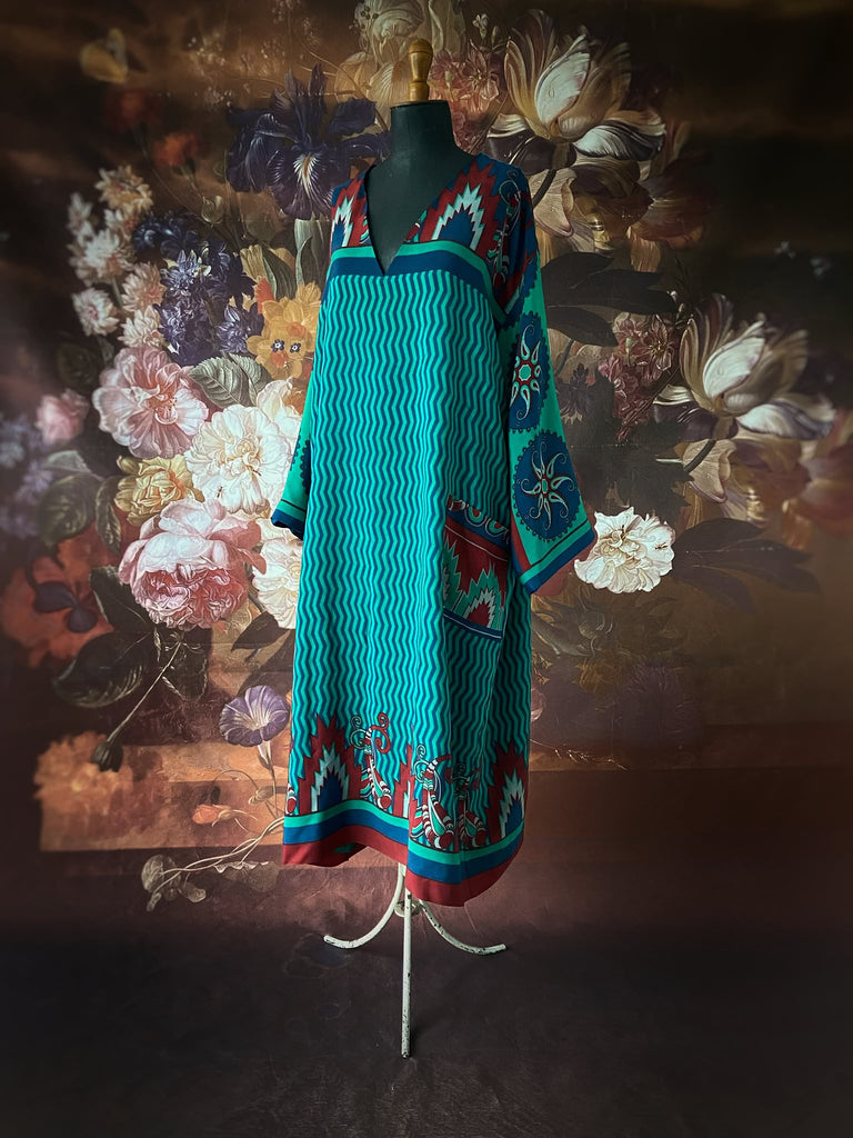 Jade green, cobalt blue and scarlet silk crepe caftan dress with wide sleeves, V neck and pockets. Bohemian style created from antique and vintage textiles by the Pavilion Parade studio.