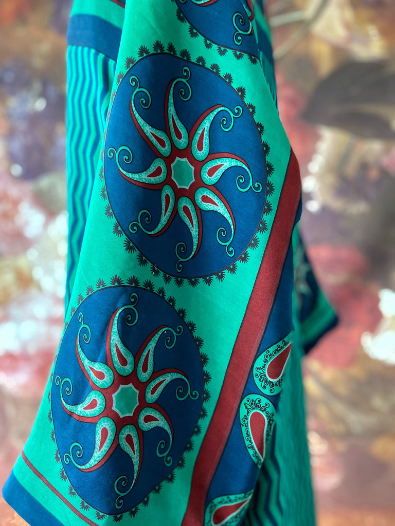 Jade green, cobalt blue and scarlet silk crepe caftan dress with wide sleeves, V neck and pockets. Bohemian style created from antique and vintage textiles by the Pavilion Parade studio.