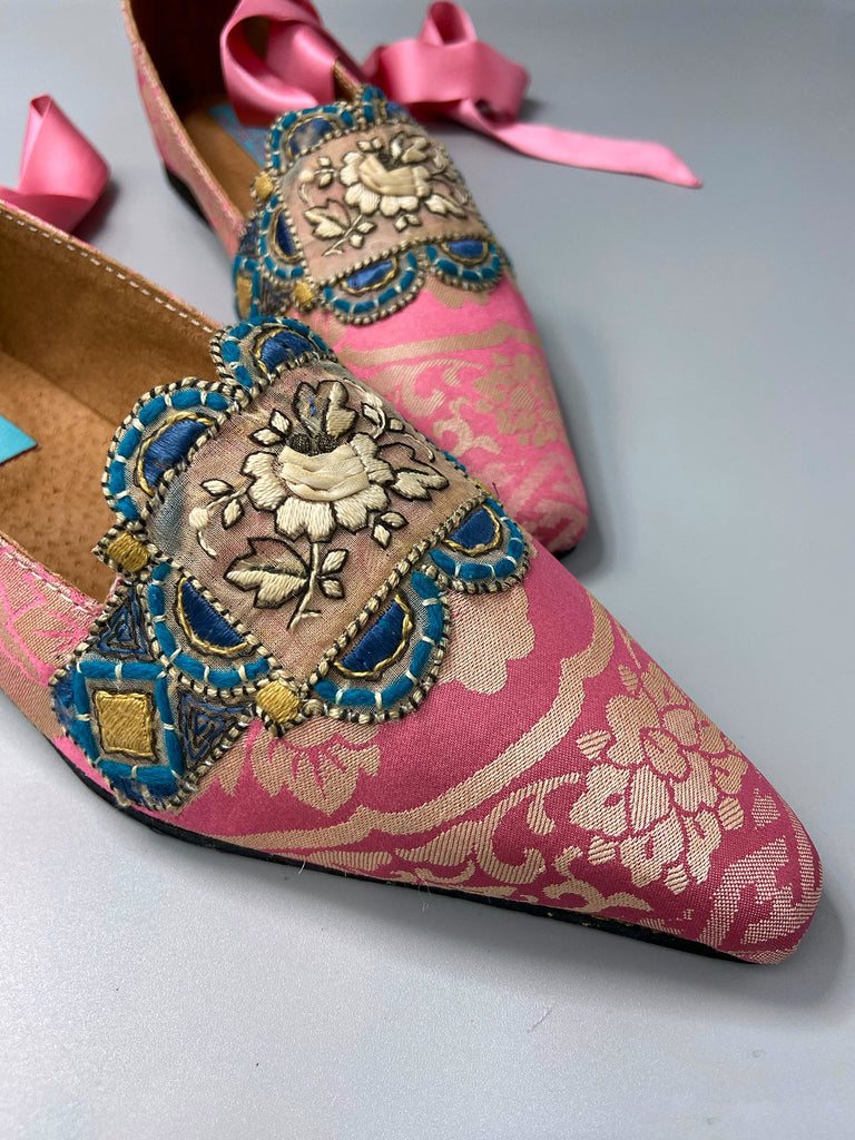 Rose pink and blue pointed toe Regency inspired dancing slippers with silk satin ankle ribbon ties. Created from a fragment of vintage 1930s Lyon silk and antique French 19th century embroidered dress embellishments. Bohemian style from the Pavilion Parade Studio