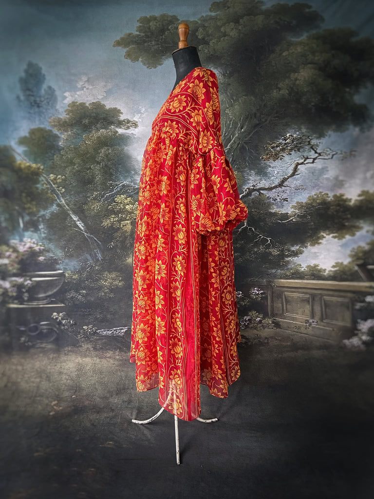 Scarlet red and sunflower yellow cotton voile volume dress with balloon sleeves and side pockets. Bohemian Aesthetic style by the Pavilion Parade studio.