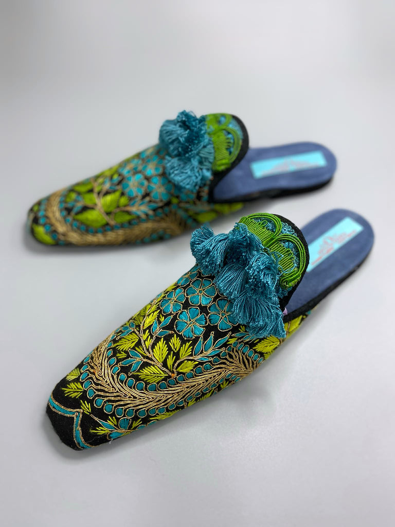 Hand embroidered suzani extended toe shoes in chartreuse, turquoise and gold. Unique bohemian styles created from antique and vintage textiles by the Pavilion Parade studio.