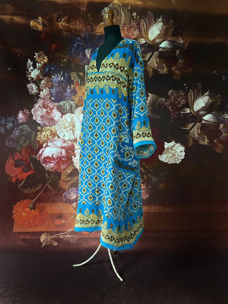 Cerulean blue and turquoise reversible fine cotton kaftan dress. Bohemian style sustainably created from antique and vintage textiles by the Pavilion Parade studio.