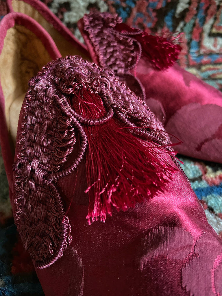 Mercutio antique raspberry silk damask bohemian shoeby Pavilion Parade from Joanne Fleming Designs 