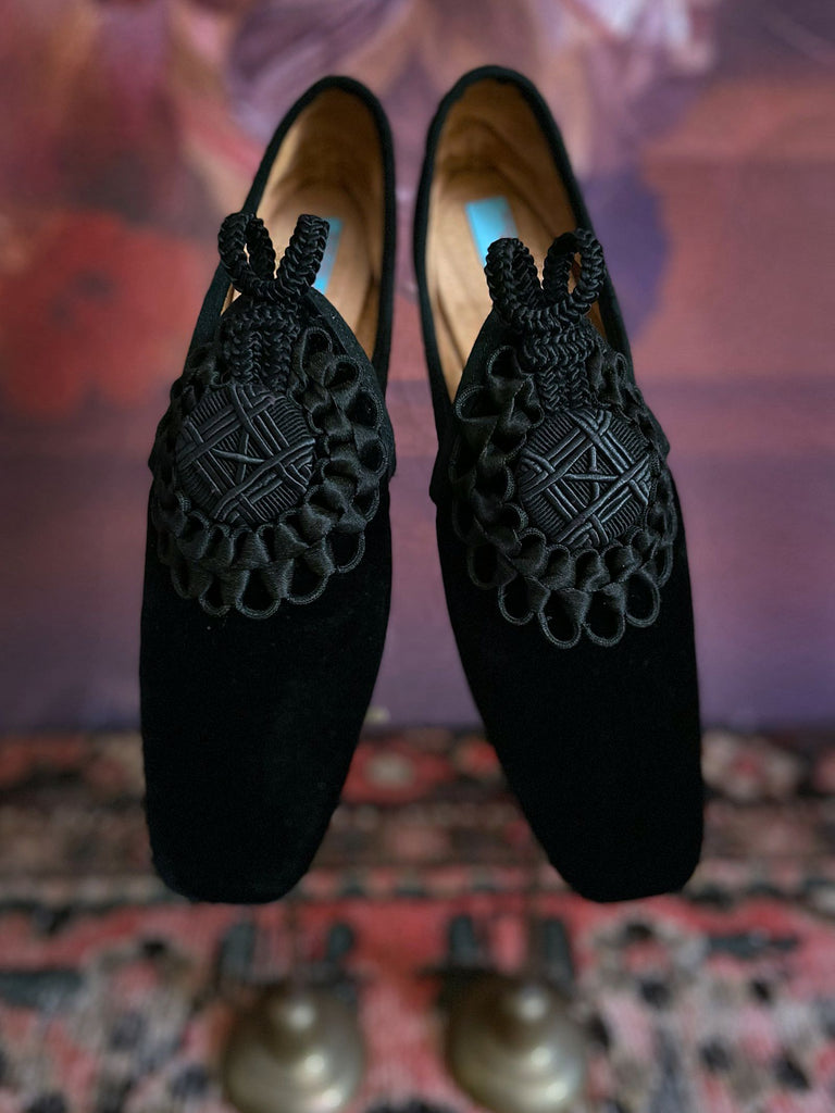 Black silk velvet slipper shoes with antique soutache medallion embellishment by Pavilion Parade