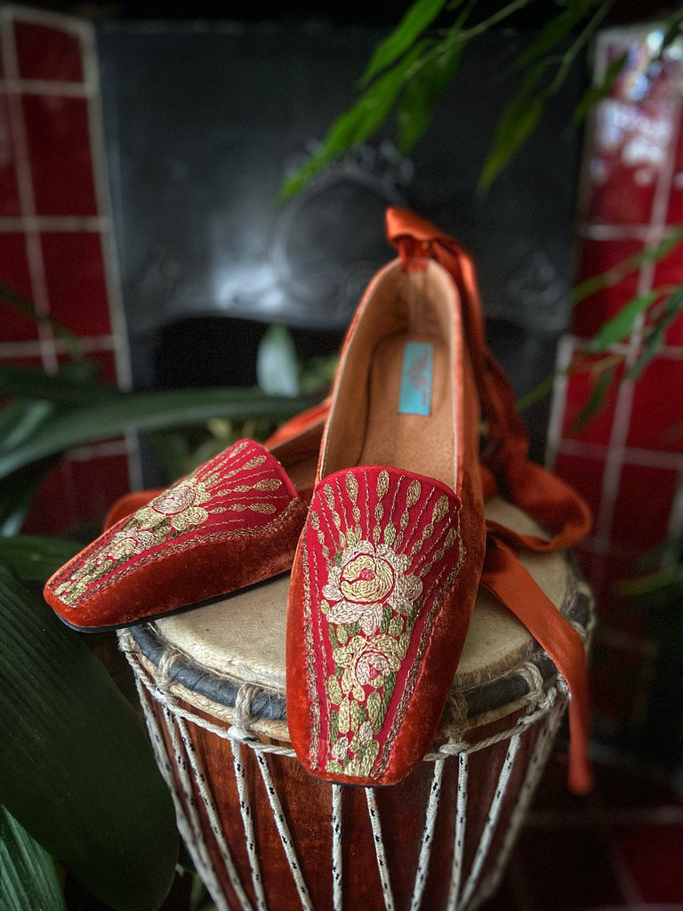 Anais paprika silk velvet square toed shoes with antique 1920s embroidery by Pavilion Parade