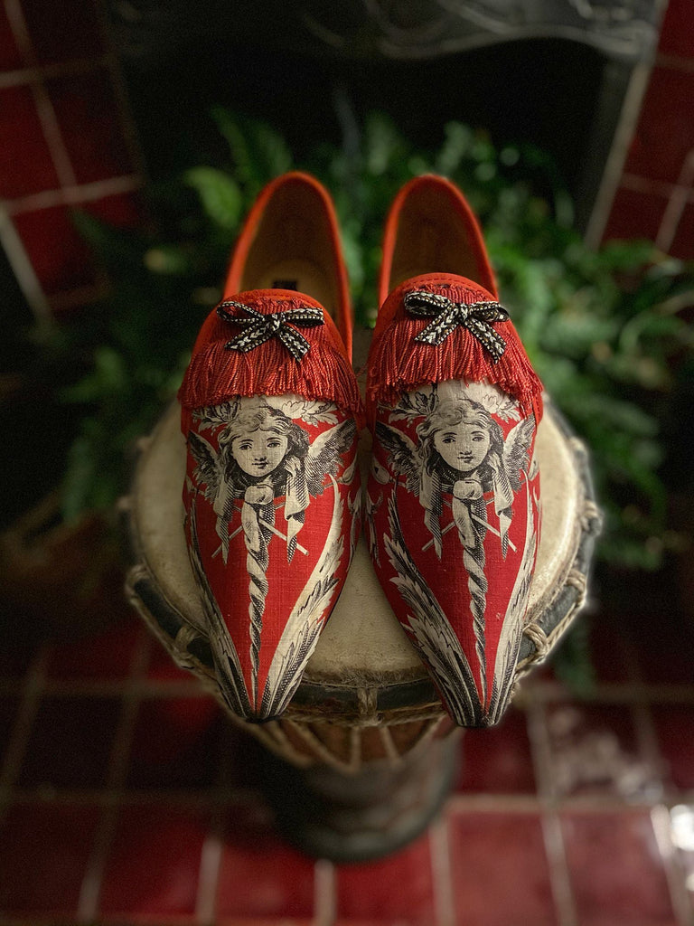 Hermes neo-classical bohemian shoes created from antique textiles, in red and black with winged cherubs, by Pavilion Parade from Joanne Fleming Design