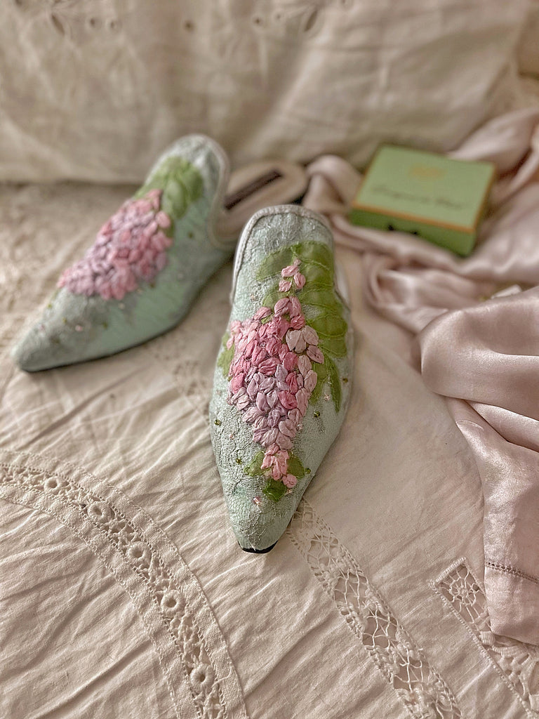 Limited edition silk ribbon embroidered romantic  flat shoes from the Recherché Collection by Joanne Fleming Design | wisteria motif in shades of pale aqua, lavender and green