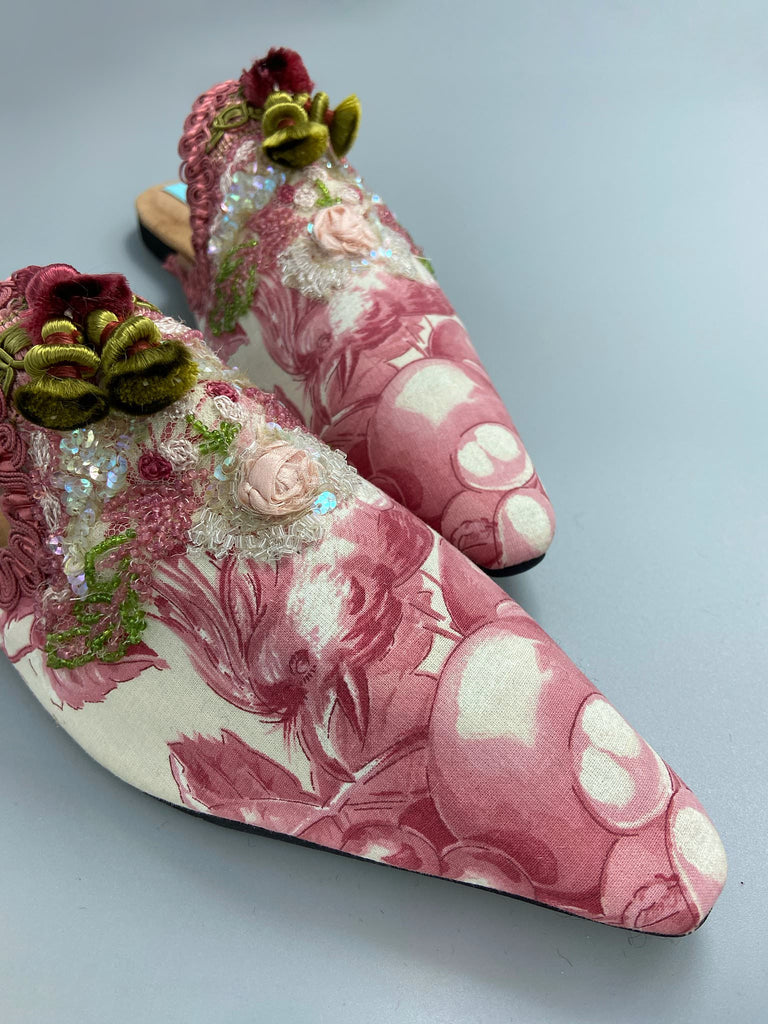 Pink and ivory vintage French toile de jouy shoes with antique rose and green chartreuse beaded and tassel embellishment. Bohemian Marie Antoinette inspired style from the Pavilion Parade studio