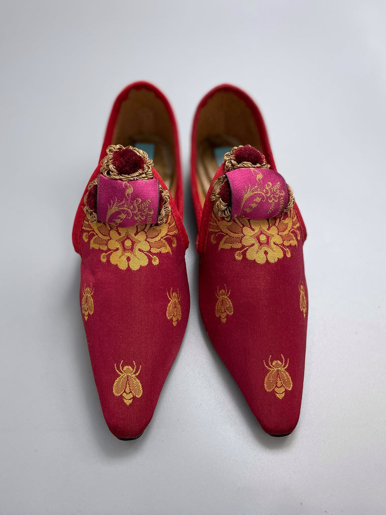Napoleon bees and wreath silk bohemian shoes created from antique textiles by Pavilion Parade. Raspberry red, pink and gold.