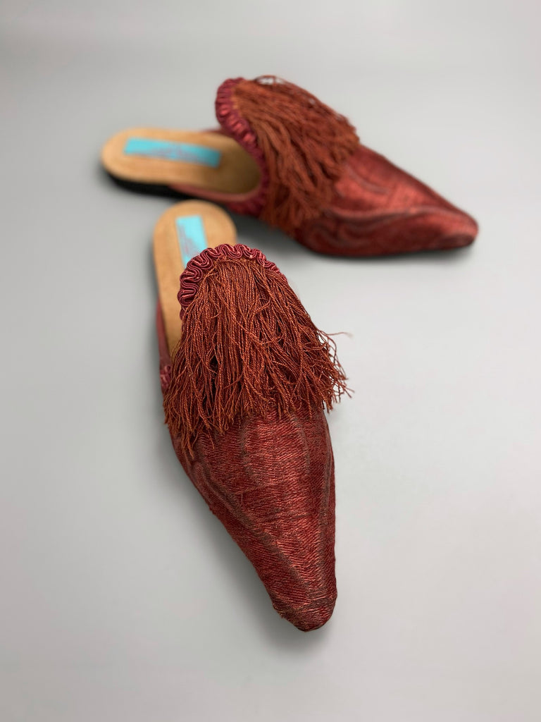 Bronze rust silk shoes with 17th century Florentine long tassel fringe embellishment, created from antique textiles by Pavilion Parade