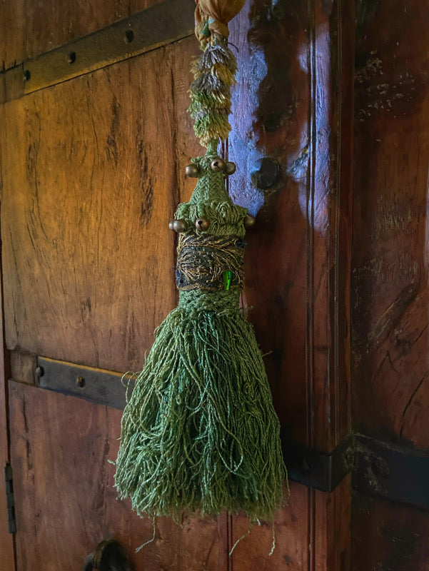 Aesthetic Movement inspired long silk sautoir necklace with antique tassel embellishment. Bohemian style from vintage textiles by Pavilion Parade. 