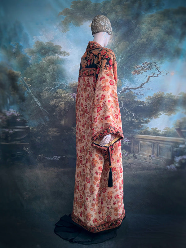 1920s inspired silk kimono robe with tassel sleeves, created from vintage scarlet, pumpkin and antique ivory silk crepe. Unique bohemian designs from the Pavilion Parade studio.