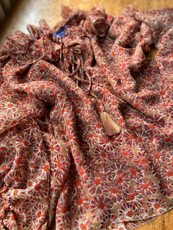 Cinnamon and caramel silk georgette Pierrot blouse with long full sleeves and adjustable drawstring frilled neckline. Bohemian styles sustainably created from antique and vintage textiles by the Pavilion Parade studio. 