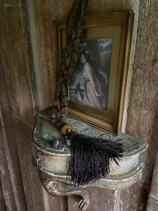 1920s style long silk sautoir necklace with antique tassel embellishment. Bohemian style from vintage textiles by Pavilion Parade. 