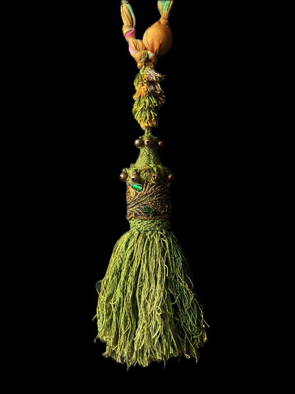 Aesthetic Movement inspired long silk sautoir necklace with antique tassel embellishment. Bohemian style from vintage textiles by Pavilion Parade. 