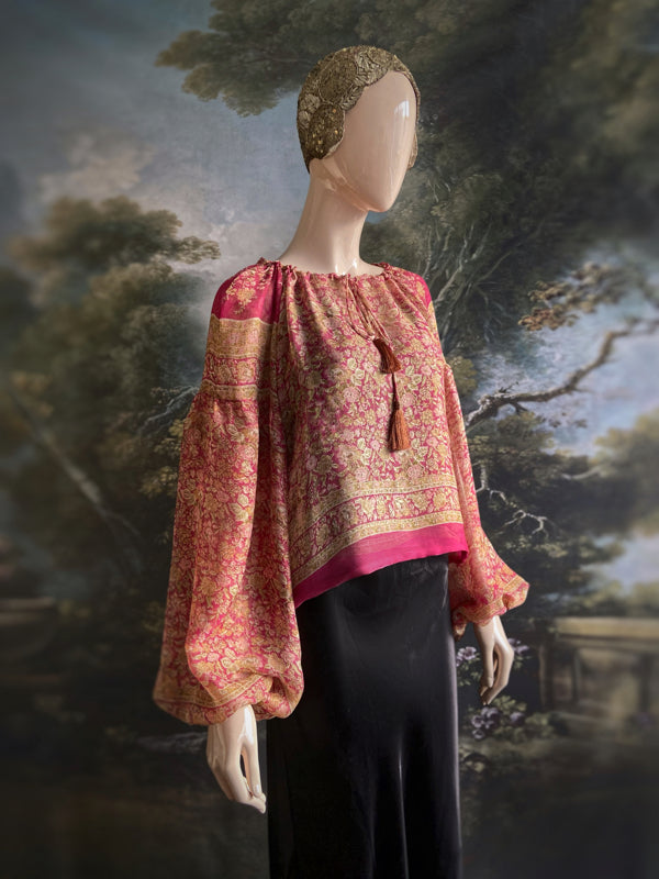 Rose pink & chartreuse silk chiffon blouse with long full sleeves and adjustable drawstring neckline. Bohemian styles sustainably created from antique and vintage textiles by the Pavilion Parade studio. 