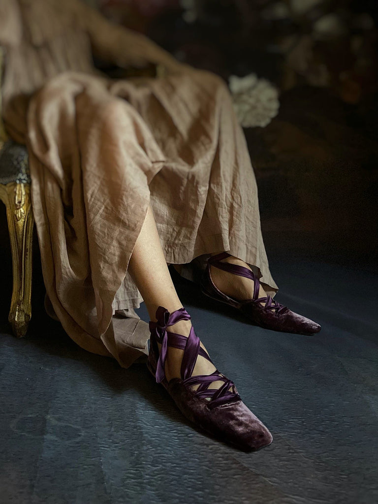 Plum silk velvet ballerina shoes with long silk satin ankle ties. Bohemian style from Pavilion Parade.