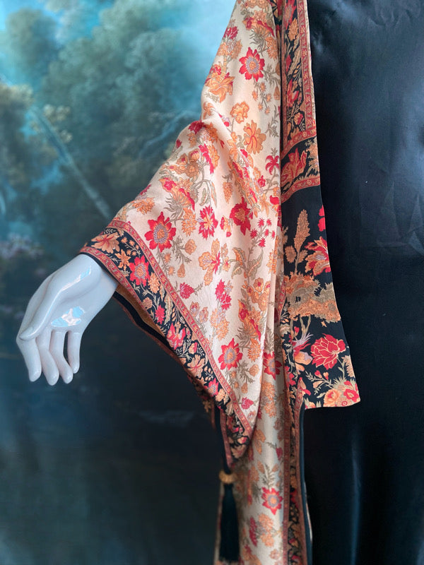 1920s inspired silk kimono robe with tassel sleeves, created from vintage scarlet, pumpkin and antique ivory silk crepe. Unique bohemian designs from the Pavilion Parade studio.