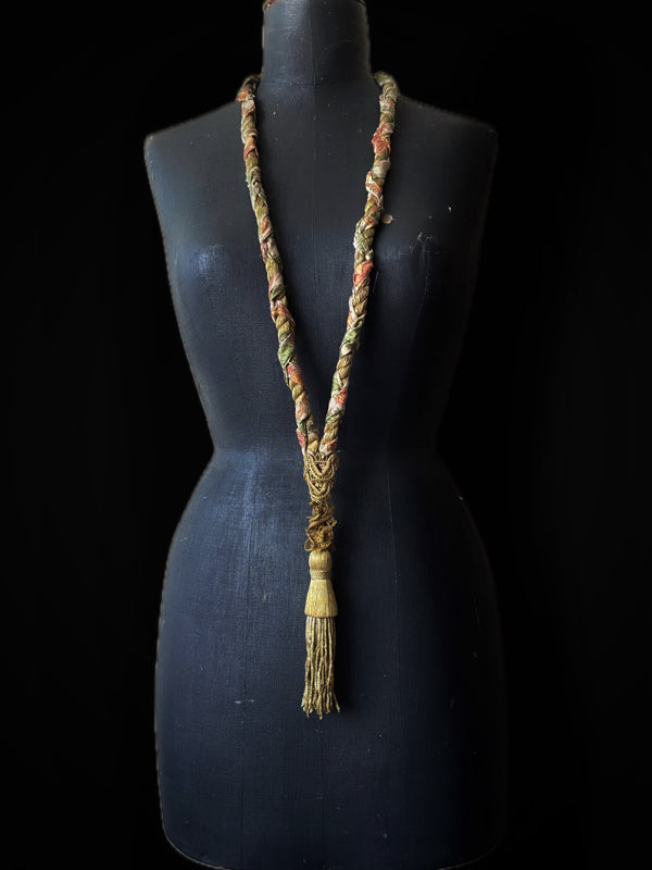 Aesthetic Movement inspired long silk sautoir necklace with antique tassel embellishment. Bohemian style from vintage textiles by Pavilion Parade. 