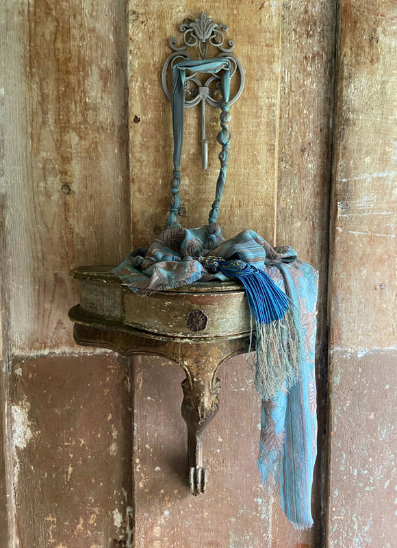 1920s style long silk sautoir necklace with antique tassel embellishment. Bohemian style from vintage textiles by Pavilion Parade. 