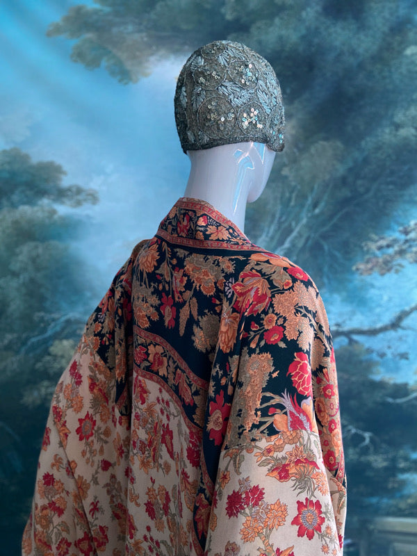 1920s inspired silk kimono robe with tassel sleeves, created from vintage scarlet, pumpkin and antique ivory silk crepe. Unique bohemian designs from the Pavilion Parade studio.