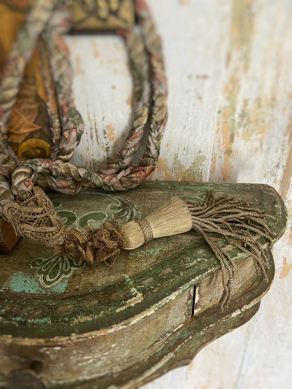 Aesthetic Movement inspired long silk sautoir necklace with antique tassel embellishment. Bohemian style from vintage textiles by Pavilion Parade. 