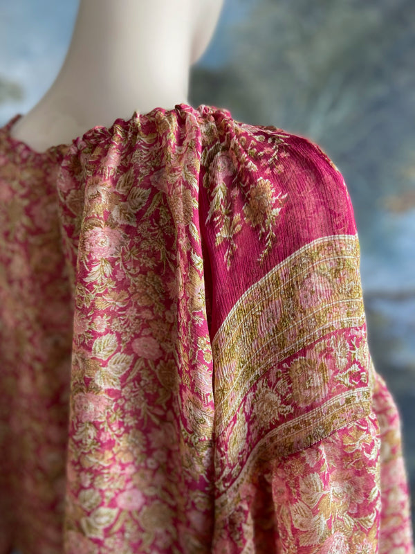 Rose pink & chartreuse silk chiffon blouse with long full sleeves and adjustable drawstring neckline. Bohemian styles sustainably created from antique and vintage textiles by the Pavilion Parade studio. 