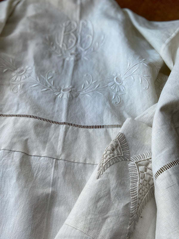 Full length kimono inspired robe with large patch pockets and wide sleeves. Created from an antique heavy French linen trousseau sheet with heirloom embroidery and drawn thread work. All French seamed with hand finished hems and collar. Bohemian styles sustainably created from antique and vintage textiles by the Pavilion Parade studio.
