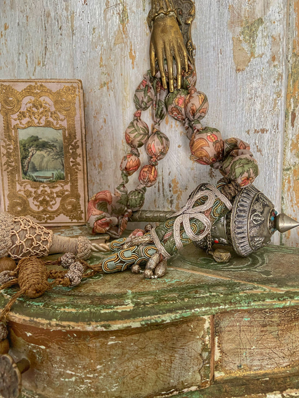 Aesthetic Movement inspired long silk sautoir necklace with antique tassel embellishment. Bohemian style from vintage textiles by Pavilion Parade. 