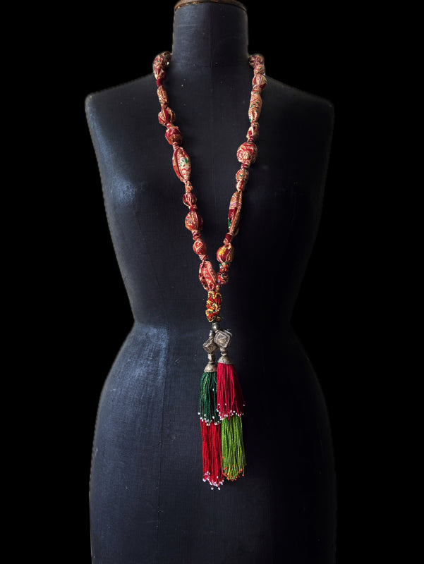 Aesthetic Movement inspired long silk sautoir necklace with antique tassel embellishment. Bohemian style from vintage textiles by Pavilion Parade. 