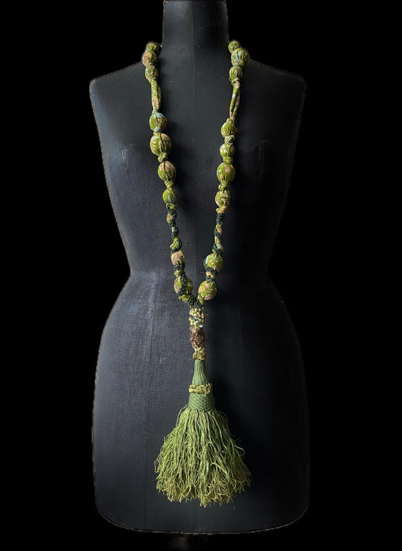 Aesthetic Movement inspired long silk sautoir necklace with antique tassel embellishment. Bohemian style from vintage textiles by Pavilion Parade. 