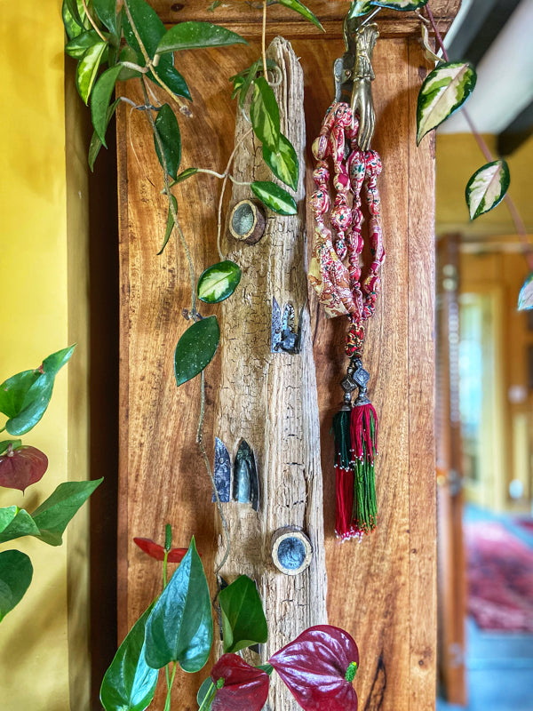 Aesthetic Movement inspired long silk sautoir necklace with antique tassel embellishment. Bohemian style from vintage textiles by Pavilion Parade. 