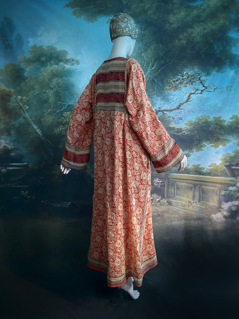 Reversible russet cotton kaftan maxi dress with pockets and wide sleeves. Unique bohemian styles created from antique and vintage textiles by the Pavilion Parade Studio.