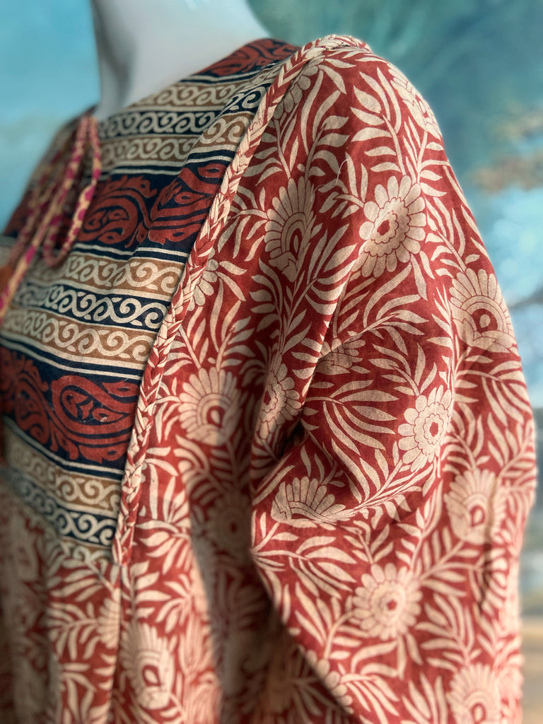 Reversible russet cotton kaftan maxi dress with pockets and wide sleeves. Unique bohemian styles created from antique and vintage textiles by the Pavilion Parade Studio.