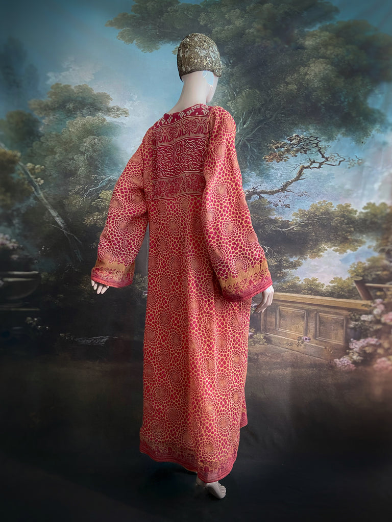 Reversible russet cotton kaftan maxi dress with pockets and wide sleeves. Unique bohemian styles created from antique and vintage textiles by the Pavilion Parade Studio.
