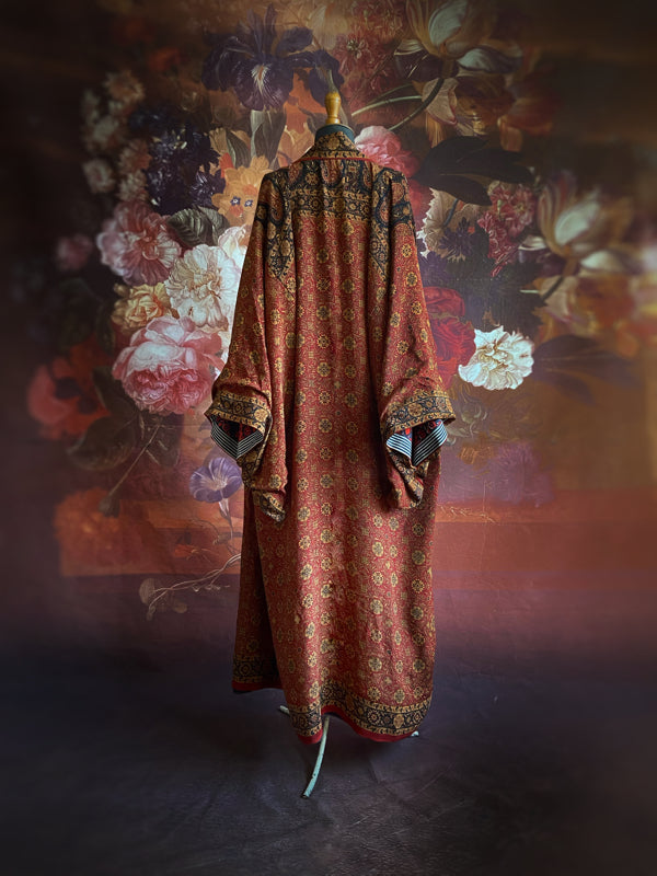 1920s inspired silk kimono robe created from vintage black, mustard, and dark sienna red silk crepe. Unique bohemian designs from the Pavilion Parade studio.