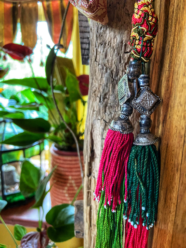 Aesthetic Movement inspired long silk sautoir necklace with antique tassel embellishment. Bohemian style from vintage textiles by Pavilion Parade. 
