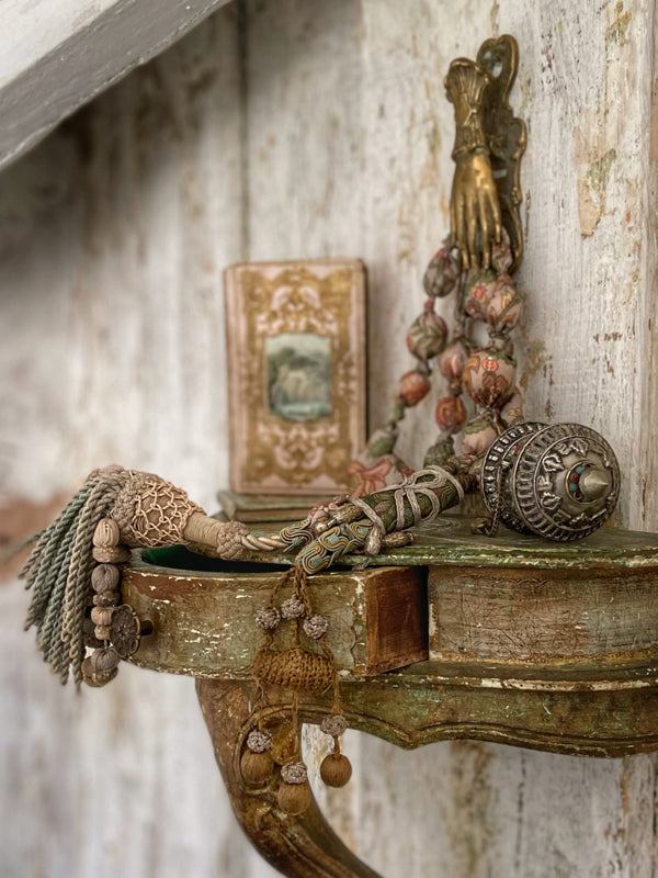 Aesthetic Movement inspired long silk sautoir necklace with antique tassel embellishment. Bohemian style from vintage textiles by Pavilion Parade. 