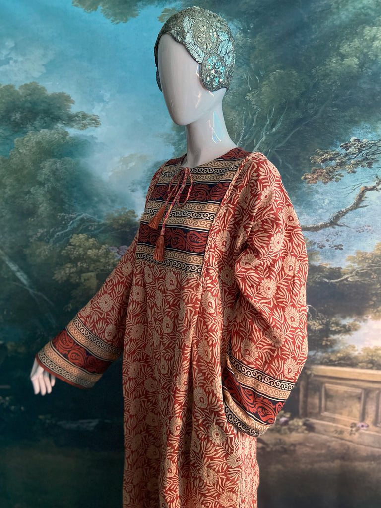 Reversible russet cotton kaftan maxi dress with pockets and wide sleeves. Unique bohemian styles created from antique and vintage textiles by the Pavilion Parade Studio.