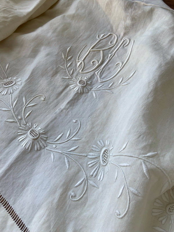 Full length kimono inspired robe with large patch pockets and wide sleeves. Created from an antique heavy French linen trousseau sheet with heirloom embroidery and drawn thread work. All French seamed with hand finished hems and collar. Bohemian styles sustainably created from antique and vintage textiles by the Pavilion Parade studio.
