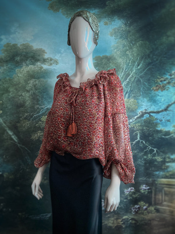 Cinnamon and caramel silk georgette Pierrot blouse with long full sleeves and adjustable drawstring frilled neckline. Bohemian styles sustainably created from antique and vintage textiles by the Pavilion Parade studio. 