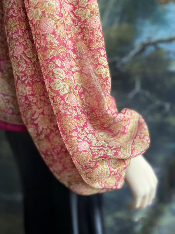 Rose pink & chartreuse silk chiffon blouse with long full sleeves and adjustable drawstring neckline. Bohemian styles sustainably created from antique and vintage textiles by the Pavilion Parade studio. 