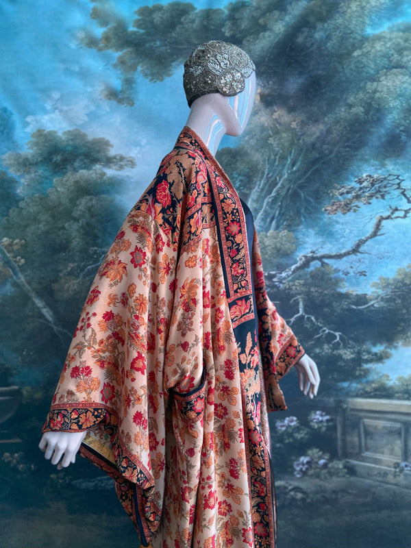 1920s inspired silk kimono robe with tassel sleeves, created from vintage scarlet, pumpkin and antique ivory silk crepe. Unique bohemian designs from the Pavilion Parade studio.