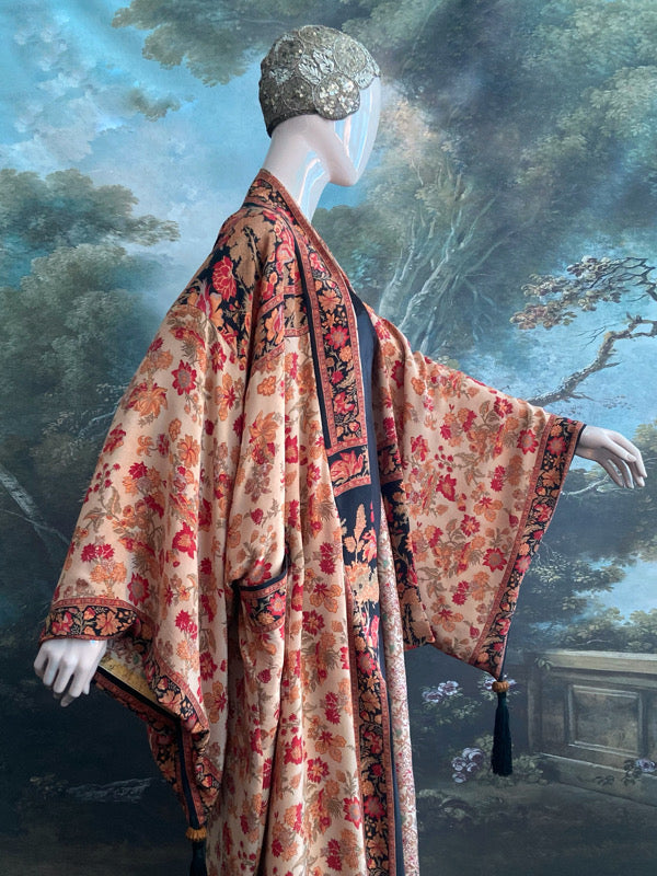 1920s inspired silk kimono robe with tassel sleeves, created from vintage scarlet, pumpkin and antique ivory silk crepe. Unique bohemian designs from the Pavilion Parade studio.