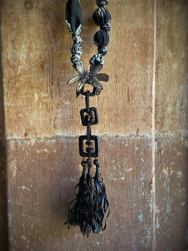 Aesthetic Movement inspired long silk sautoir necklace with antique tassel embellishment. Bohemian style from vintage textiles by Pavilion Parade. 