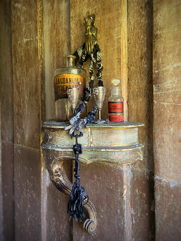 Aesthetic Movement inspired long silk sautoir necklace with antique tassel embellishment. Bohemian style from vintage textiles by Pavilion Parade. 