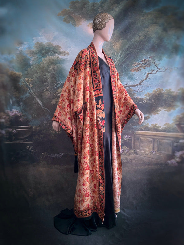 1920s inspired silk kimono robe with tassel sleeves, created from vintage scarlet, pumpkin and antique ivory silk crepe. Unique bohemian designs from the Pavilion Parade studio.