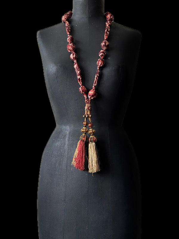 Aesthetic Movement inspired long silk sautoir necklace with antique tassel embellishment. Bohemian style from vintage textiles by Pavilion Parade. 
