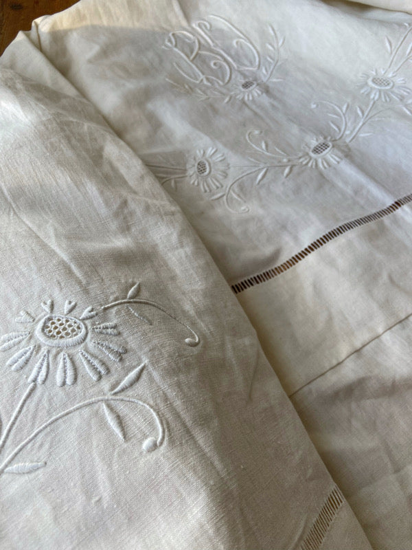 Full length kimono inspired robe with large patch pockets and wide sleeves. Created from an antique heavy French linen trousseau sheet with heirloom embroidery and drawn thread work. All French seamed with hand finished hems and collar. Bohemian styles sustainably created from antique and vintage textiles by the Pavilion Parade studio.
